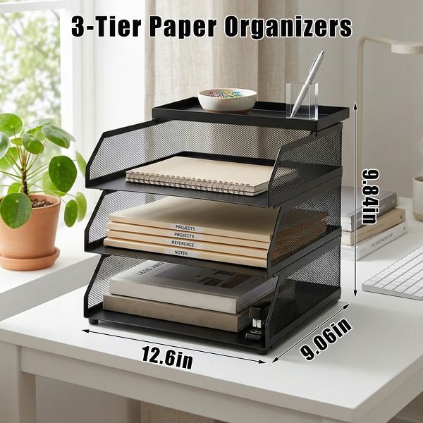 Stackable Mesh Desk Organizer -Metal Document Tray with Top Shelf - Slanted Letter & Folder Holder -for Office or School Desktop Storage，3 layers