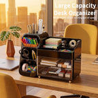 Large Capacity Desk Organizer with 2 Clear Drawers & Pen Holder, 35cm Black Desktop Storage Rack for Office, School & Home Supplies