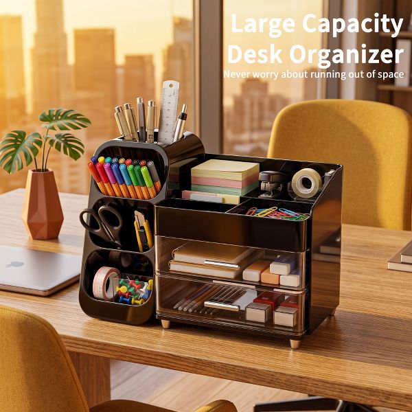 Large Capacity Desk Organizer with 2 Clear Drawers & Pen Holder, 35cm Black Desktop Storage Rack for Office, School & Home Supplies