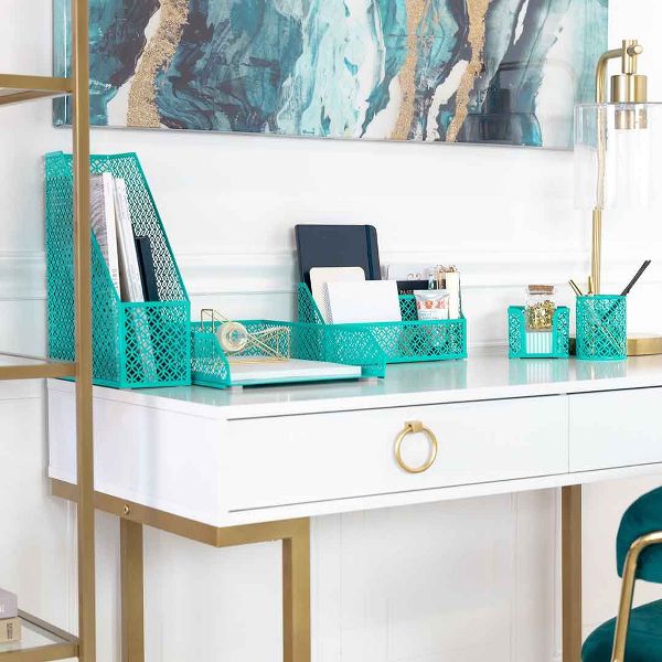 Blu Monaco 5 Piece Dark Teal Desk Organizer Set - Desk Organizers and Accessories for Women - Teal Desk Accessories - Desktop Organization