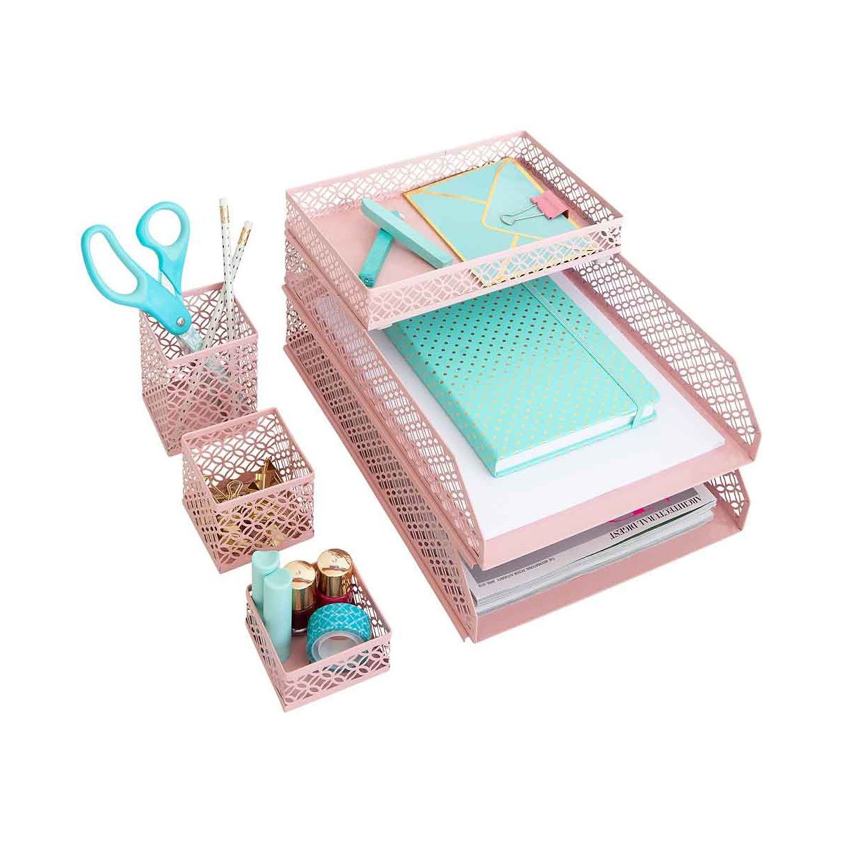 Blu Monaco 6 Piece Interlocking Aqua Desk Organizer Set - Office Organizer - Pen Cup, 3 Accessory Trays, 2 Letter Trays