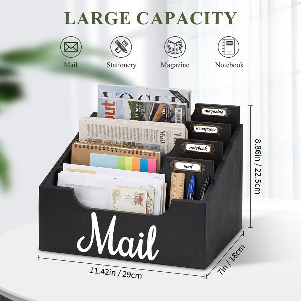 Wooden Mail Organizer Desktop Sorter, Multi-Compartment Countertop Mail Holder with Label Tags, Tabletop Letter Magazine Notebook Stationery Storage