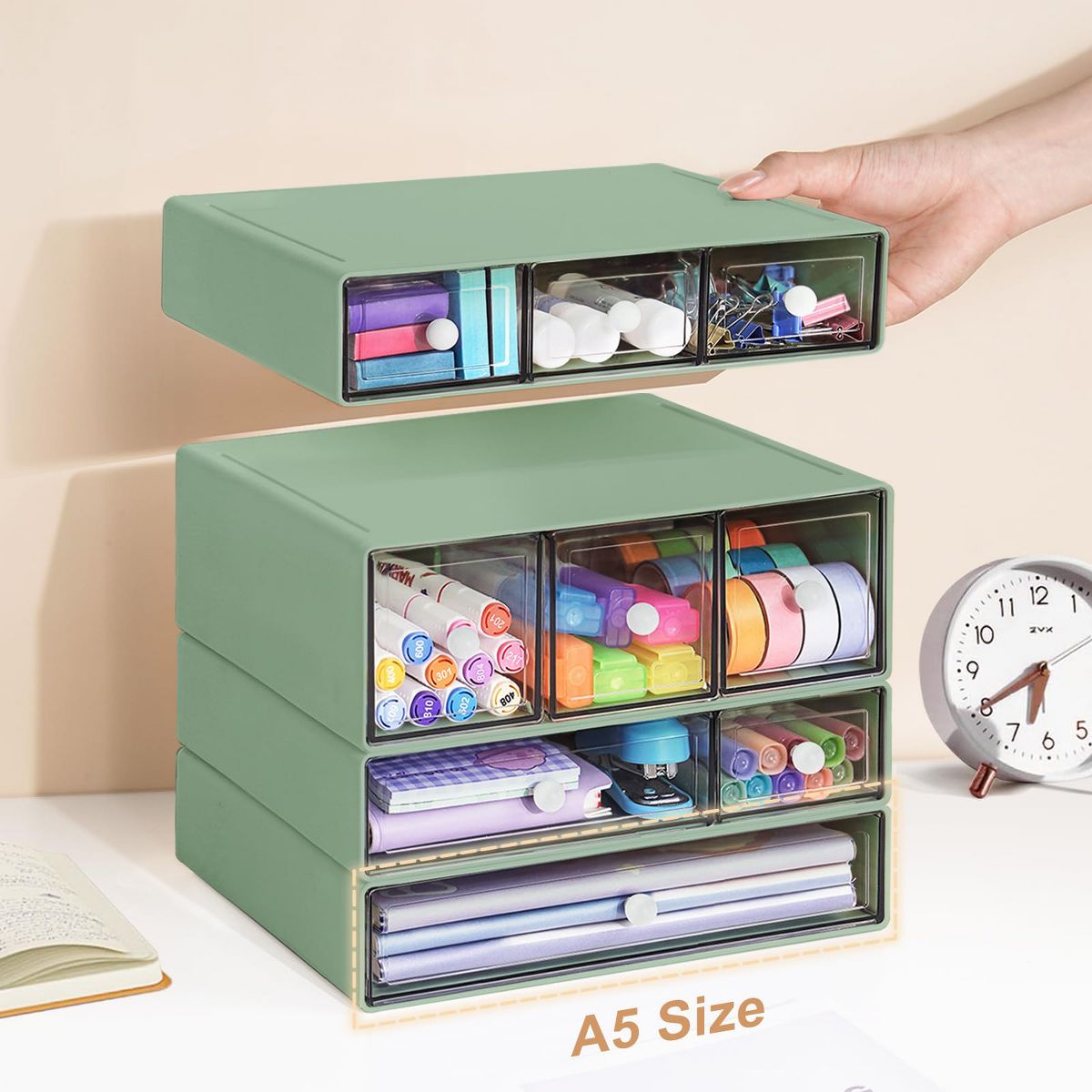 9-Drawer Desk Organizer, 4-Tier Plastic Storage Box with Clear Drawers, Stackable Desktop Storage Cabinet for Office Supplies, Makeup, Crafts