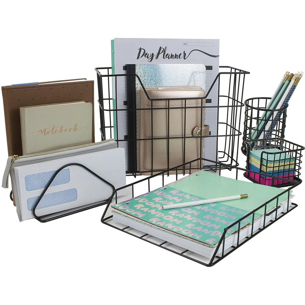 Sorbus Wire Metal 5 in 1 Desk Organizer Set - for Papers, Files, Writing Tools, and More (Black)