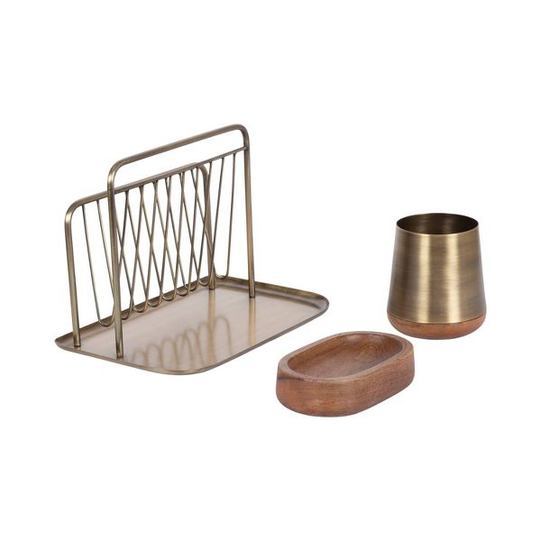 Kate & Laurel All Things Decor 3pc Koni File Folder Organization Set Walnut Brown/Gold
