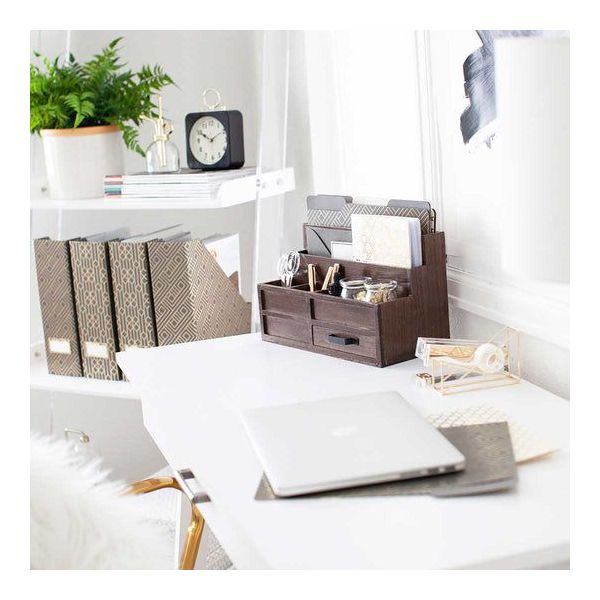 Blu Monaco Brown Wood Mail Organizer with Drawer & Pen Holder - Desk Organizer for Bills, Storage, Countertop & Kitchen