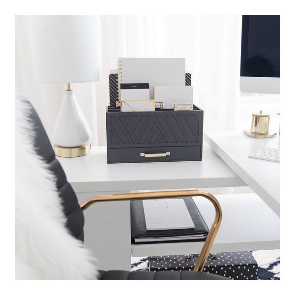 Blu Monaco Grey Desktop Mail Organizer – Three-Tiered with Gold Label Holders and Drawer