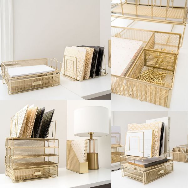 Blu Monaco Gold Desk Organizer - Includes Detachable File Organizer, Stackable Paper Tray & Drawer, Office Supplies for Desk