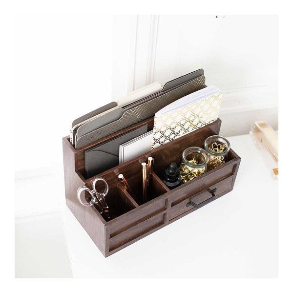 Blu Monaco Brown Wood Mail Organizer with Drawer & Pen Holder - Desk Organizer for Bills, Storage, Countertop & Kitchen