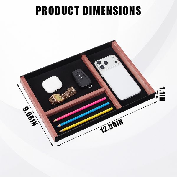 3-Compartment Iron & Paulownia Wood Desk Storage Drawer, Office Desk Organizer Tray for Pens, Headphones, Sticky Notes