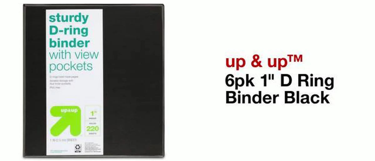 6pk 1" D Ring Binder Black - up&up™: 220 Sheet Capacity, 3 Ring, 4 Pockets, Hard Cover, Office Supplies