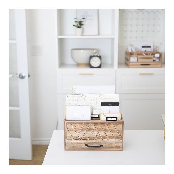 Blu Monaco Grey Desktop Mail Organizer – Three-Tiered with Gold Label Holders and Drawer