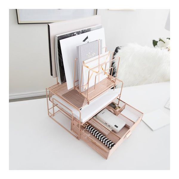 Blu Monaco Workspace Rose Gold Desk Organizer and Accessories Desktop Rack with File sorters and Drawer for Office Supplies, Paper, Device and Folder