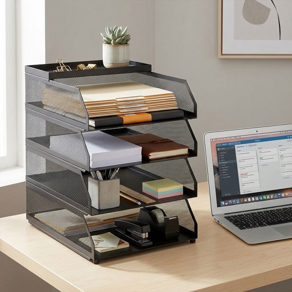 Stackable Mesh Desk Organizer -Metal Document Tray with Top Shelf - Slanted Letter & Folder Holder -for Office or School Desktop Storage，3 layers