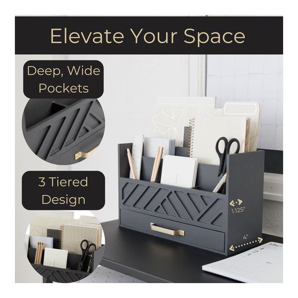 Blu Monaco Black Mail Organizer with Drawer and Gold Handle - Desktop Mail Holder and Office Supplies Storage