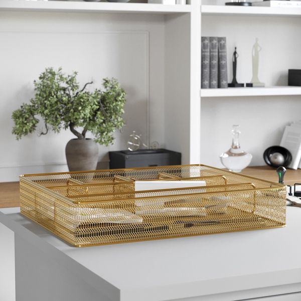 Martha Stewart Ryder Gold Mesh Metal 6 Compartment Large Desk Drawer Organizer for Accessories and Office Supplies