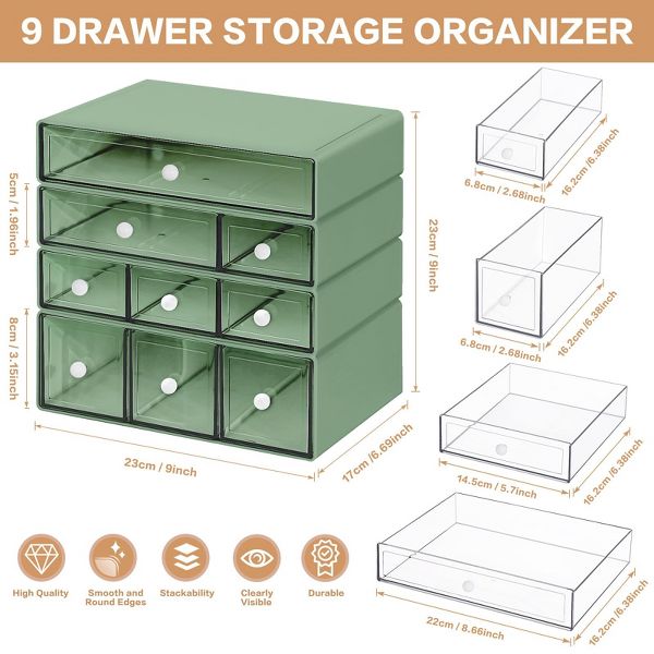 9-Drawer Desk Organizer, 4-Tier Plastic Storage Box with Clear Drawers, Stackable Desktop Storage Cabinet for Office Supplies, Makeup, Crafts