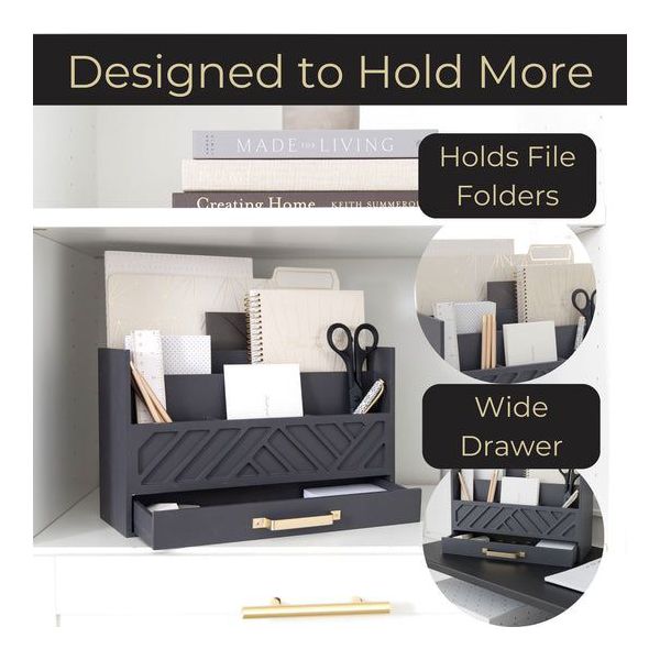 Blu Monaco Black Mail Organizer with Drawer and Gold Handle - Desktop Mail Holder and Office Supplies Storage