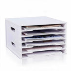6 layers Paper Storage Rack, PVC Desktop File Organizer Shelf with Wooden Bookshelf Design, Durable Multi-Layer Document Holder for Office 1Pack