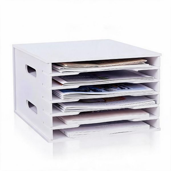 6 layers Paper Storage Rack, PVC Desktop File Organizer Shelf with Wooden Bookshelf Design, Durable Multi-Layer Document Holder for Office 1Pack
