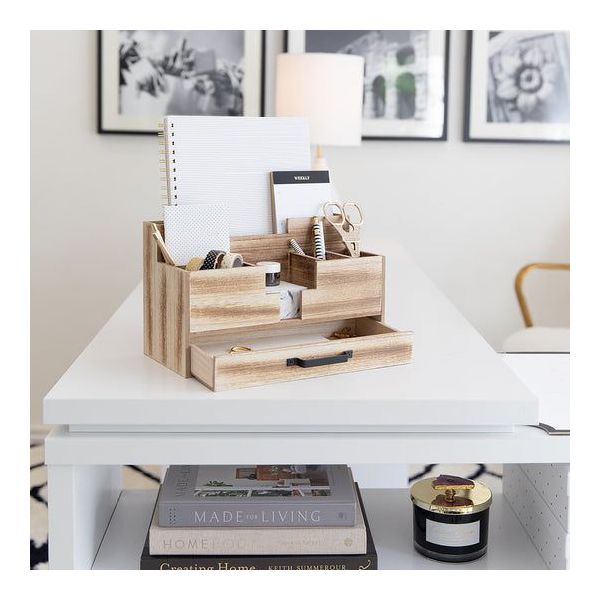 Blu Monaco Wooden Desktop Organizer Large Desk Accessories and Workspace Organizers - Office Organizer with Drawer in Natural Wood