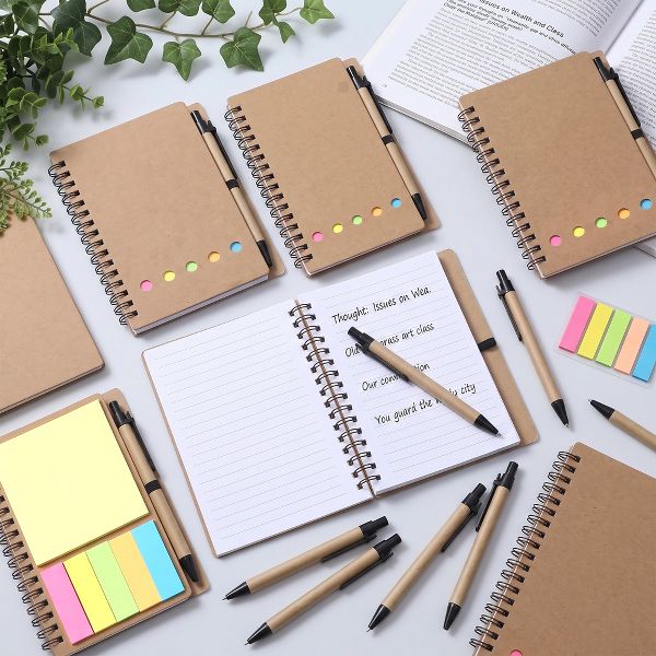 20 Pcs Spiral Notebooks with Sticky Notes & Pens, Kraft Cover Lined Journals with Colored Index Tabs for Office, School & Travel