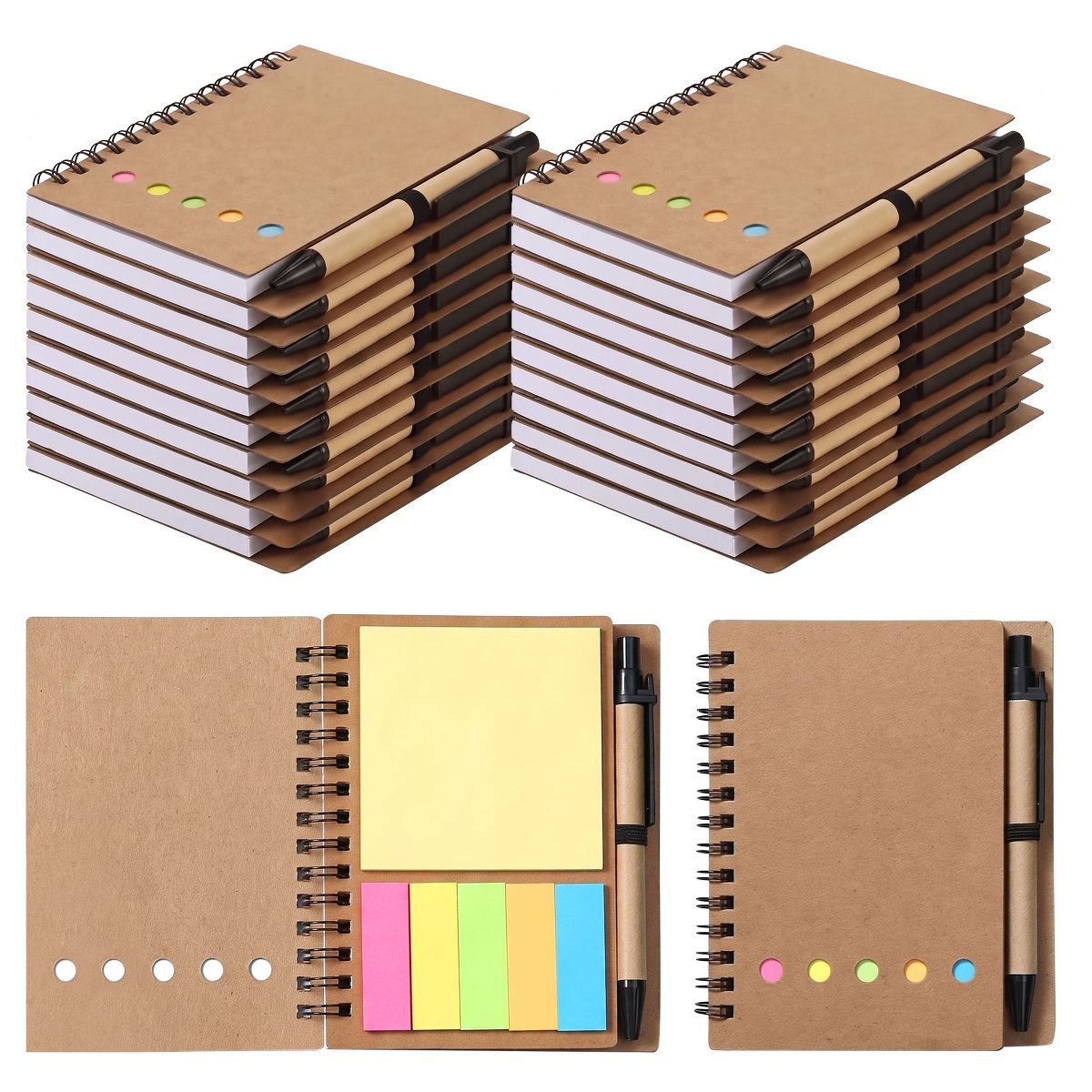20 Pcs Spiral Notebooks with Sticky Notes & Pens, Kraft Cover Lined Journals with Colored Index Tabs for Office, School & Travel