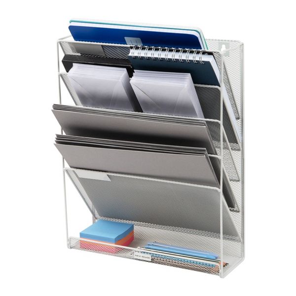 Mind Reader 5-Tier Vertical File Storage, Desktop Organizer, Wall Mount, Office, Metal Mesh, 12.75"L x 4"W x 16"H, Silver: Office Supplies