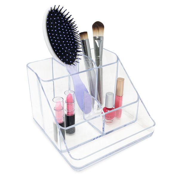 Isaac Jacobs 6 Compartment Clear Acrylic Makeup Organizer and Storage Tray for Cosmetics Office Supplies Crafts Bathroom Countertop Desk and Vanity