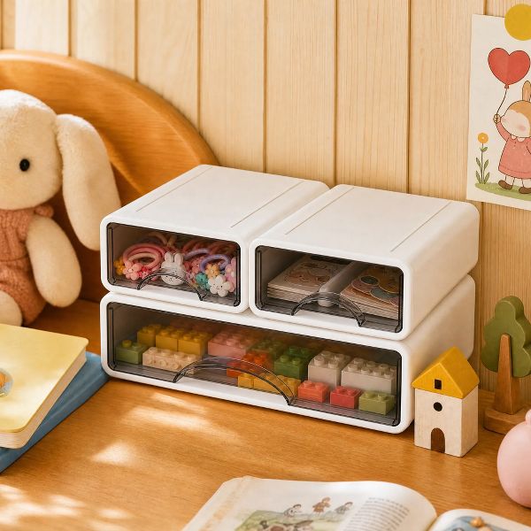 Stackable Storage Drawer with Dividers, Transparent PP Material Desktop Organizer, Includes 1 Large and 2 Small Pieces, White