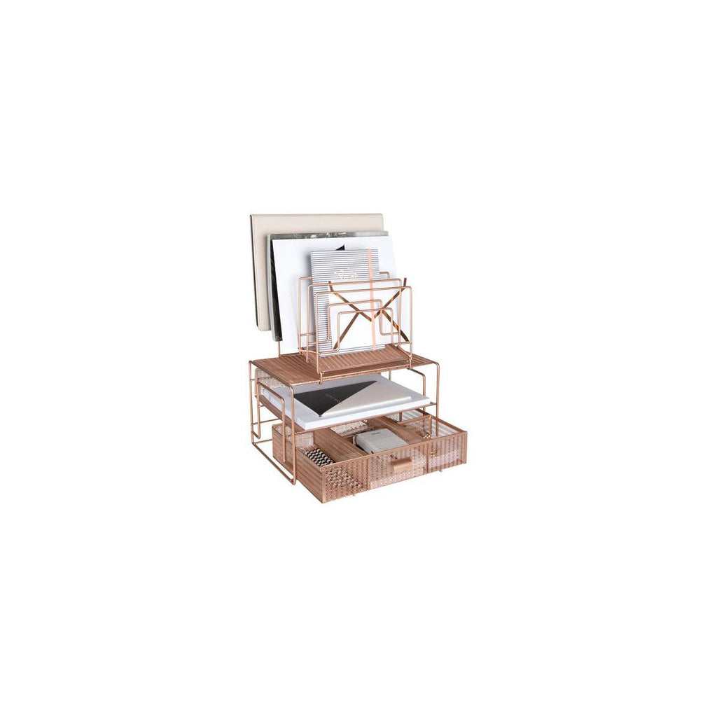 Blu Monaco Workspace Rose Gold Desk Organizer and Accessories Desktop Rack with File sorters and Drawer for Office Supplies, Paper, Device and Folder