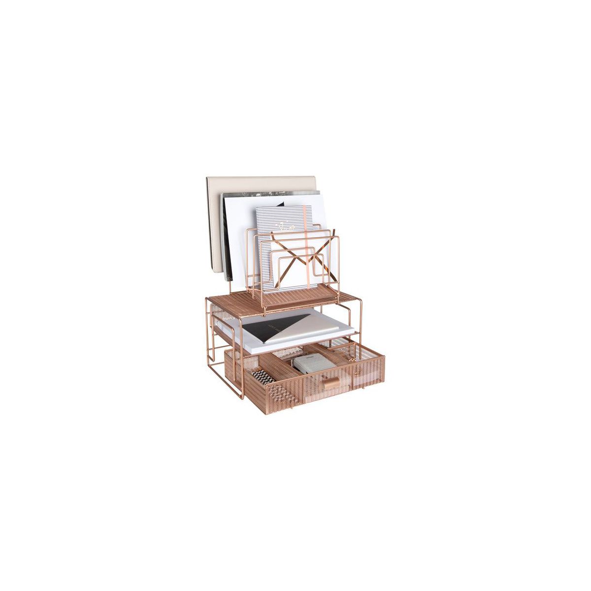 Blu Monaco Workspace Rose Gold Desk Organizer and Accessories Desktop Rack with File sorters and Drawer for Office Supplies, Paper, Device and Folder