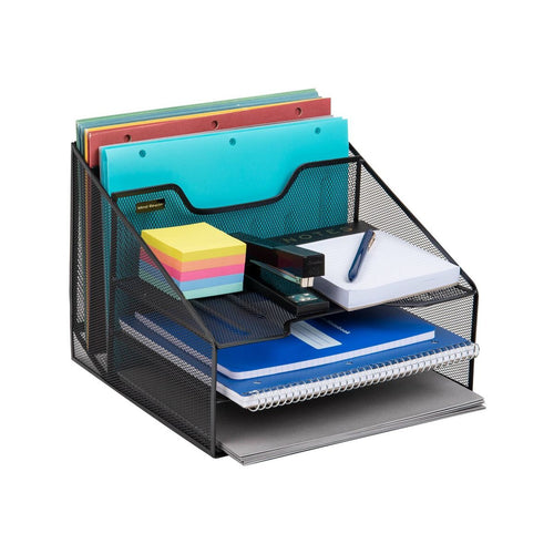 5 Compartment Mesh File Organizer Black - Mind Reader: Metal Desktop Shelving, Office Supplies, Desk File Organizer