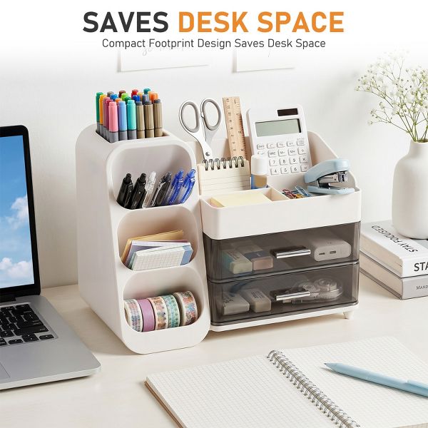 Desktop Organizer with Pen Holder, Multi-Grid Stationary Storage Caddy with 2 Clear Drawers for Office Supplies & Makeup