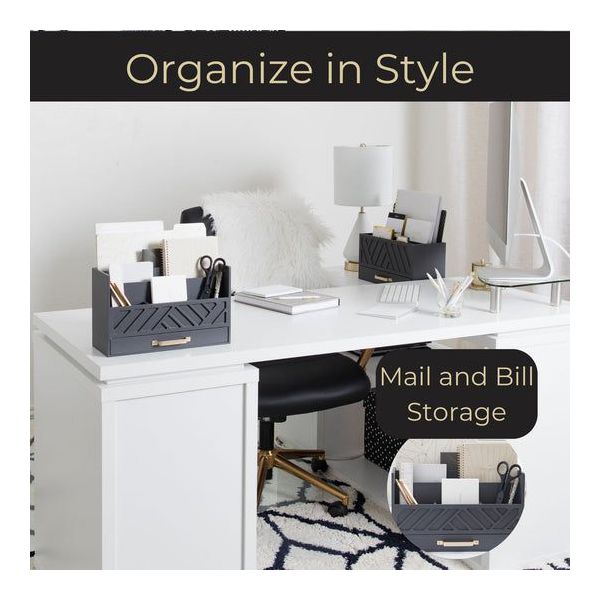 Blu Monaco Black Mail Organizer with Drawer and Gold Handle - Desktop Mail Holder and Office Supplies Storage