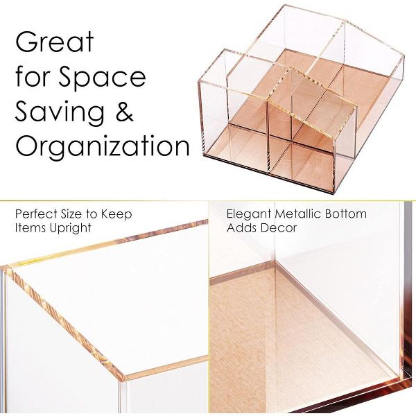 Clear Acrylic Makeup Brush Organizer with Metallic Rose Gold Base, 4 Compartment Office Organizers for Desk - Elavain
