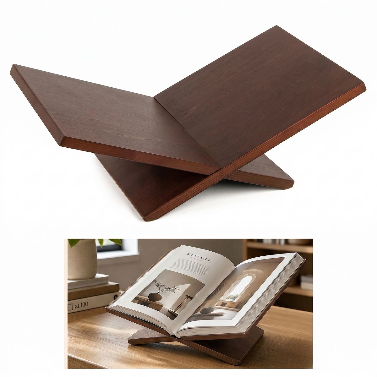 Minimalist Collapsible Wood Book Stand – Matte Black Adjustable Triangle Book Holder – Ergonomic Hands-Free Stand for Desk and Reading