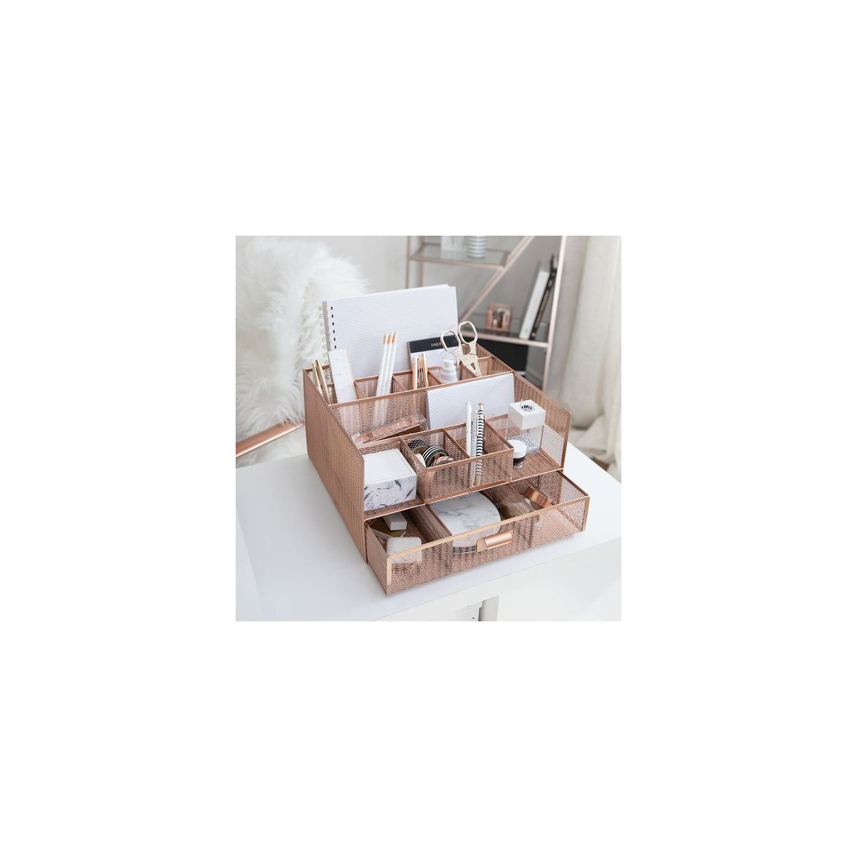 Blu Monaco Large Rose Gold Desk Organizer with 12 Compartments & Drawer - Office Supplies & File Holder, Desk Storage & Workspace Organizer
