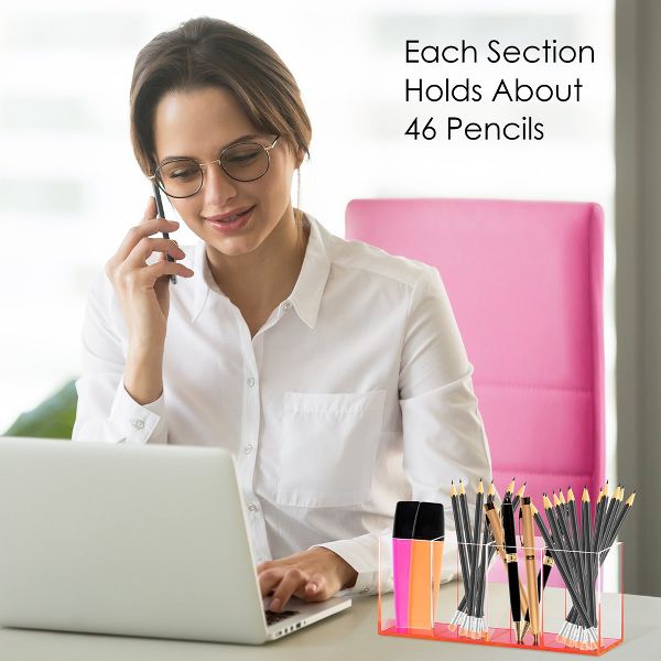 Clear Acrylic Makeup Brush Organizer with Metallic Rose Gold Base, 4 Compartment Office Organizers for Desk - Elavain