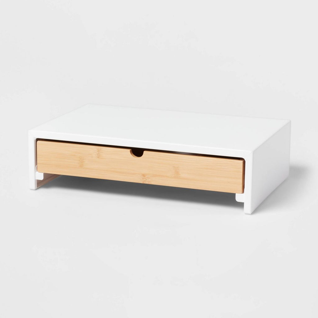 White Monitor Stand with Drawer - Brightroom™: Desk Organizer, Office Supplies, Bamboo & Steel, Monitor Riser