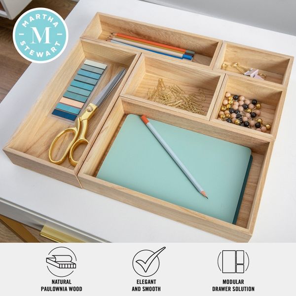 Martha Stewart Weston Wooden Desktop Organizer with Open Lower Storage Compartment, Engineered Wood Multipurpose Storage Caddy, White