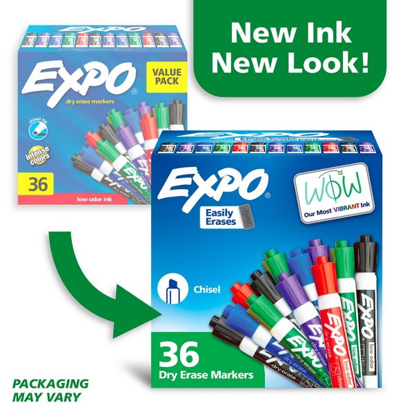 Expo 36ct Lo Odor Chisel Markers Assorted Colors: Dry Erase, Bold Point, Multicolored, Whiteboard, Art & Office Supplies