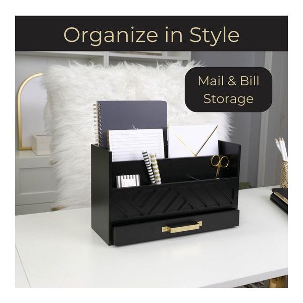 Blu Monaco Black Mail Organizer with Drawer and Gold Handle - Desktop Mail Holder and Office Supplies Storage
