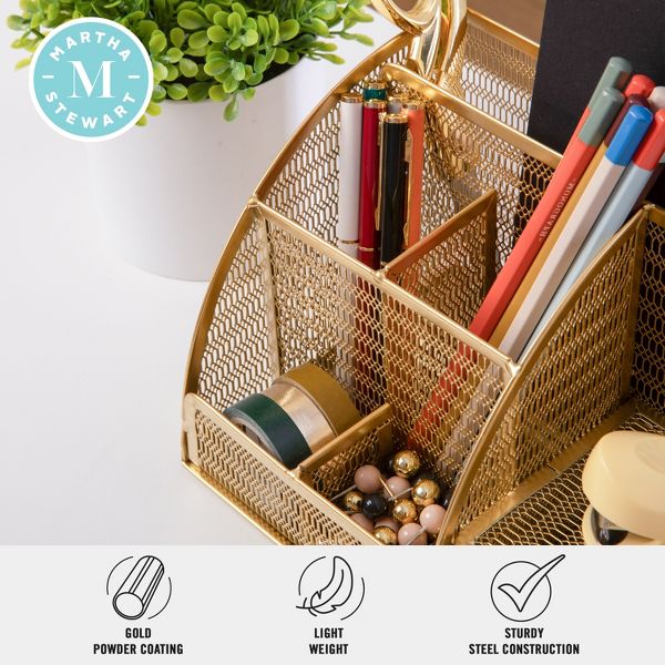 Martha Stewart Ryder Gold Mesh Metal Small Desktop Organizer for Office Accessories, Notebooks, Pen Holder and Drawer