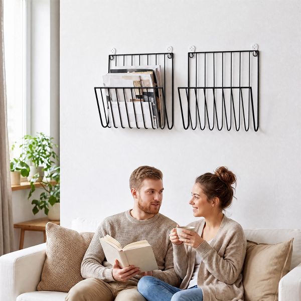 Wall‑Mounted Metal Magazine Holder, 2‑Pack Wire File Organizer for Books & Documents