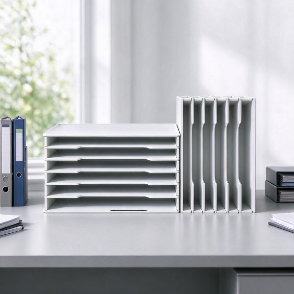 6 Layers Paper Storage Rack, PVC Desktop File Organizer Shelf with Wooden Bookshelf Design, Durable Multi-Layer Document Holder for Office 2 Pack