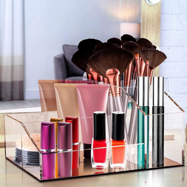 Clear Acrylic Makeup Brush Organizer with Metallic Rose Gold Base, 4 Compartment Office Organizers for Desk - Elavain