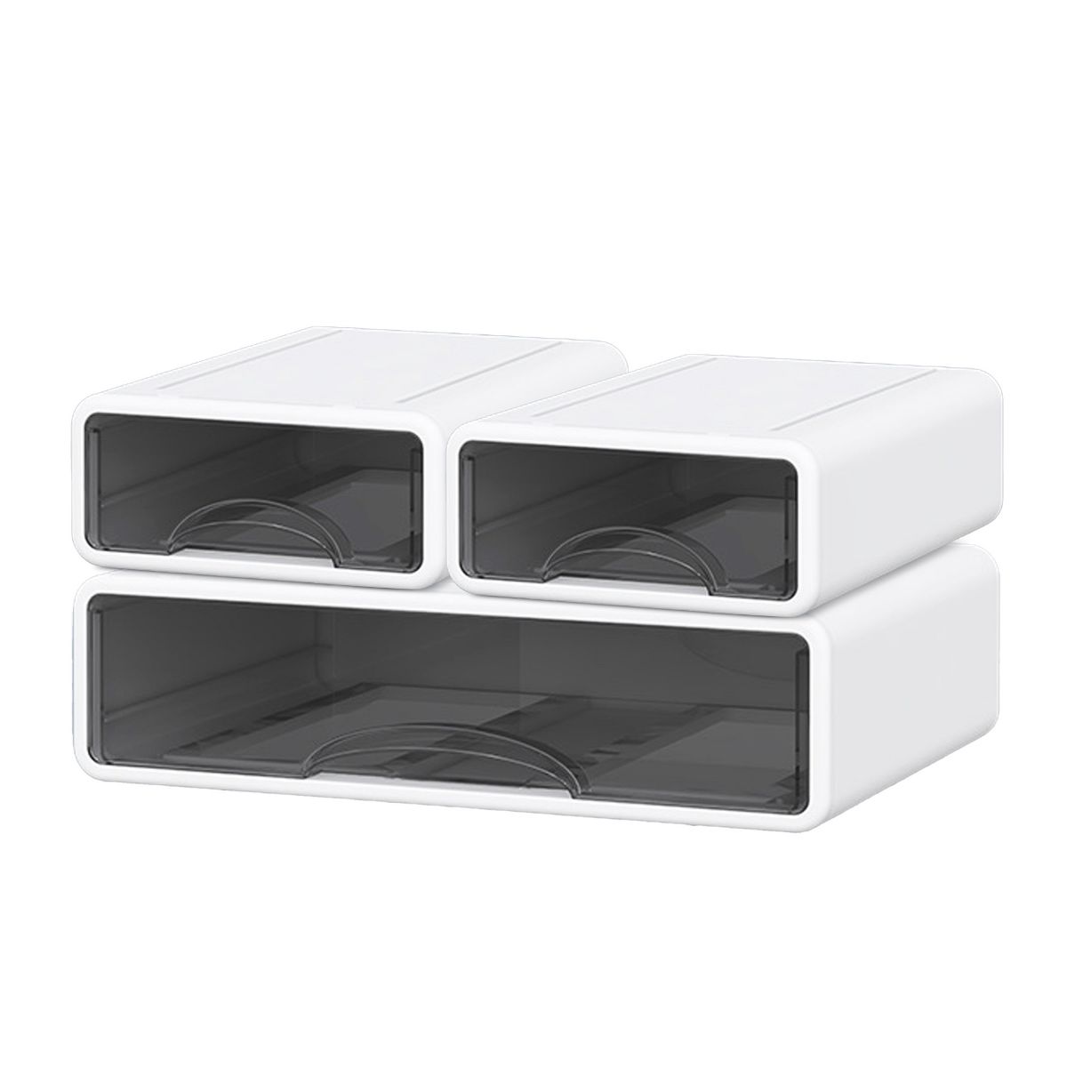 Stackable Storage Drawer with Dividers, Transparent PP Material Desktop Organizer, Includes 1 Large and 2 Small Pieces, White