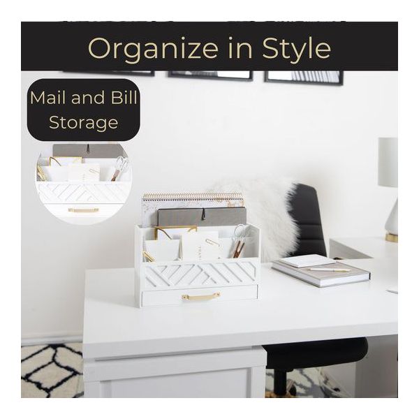 Blu Monaco Black Mail Organizer with Drawer and Gold Handle - Desktop Mail Holder and Office Supplies Storage
