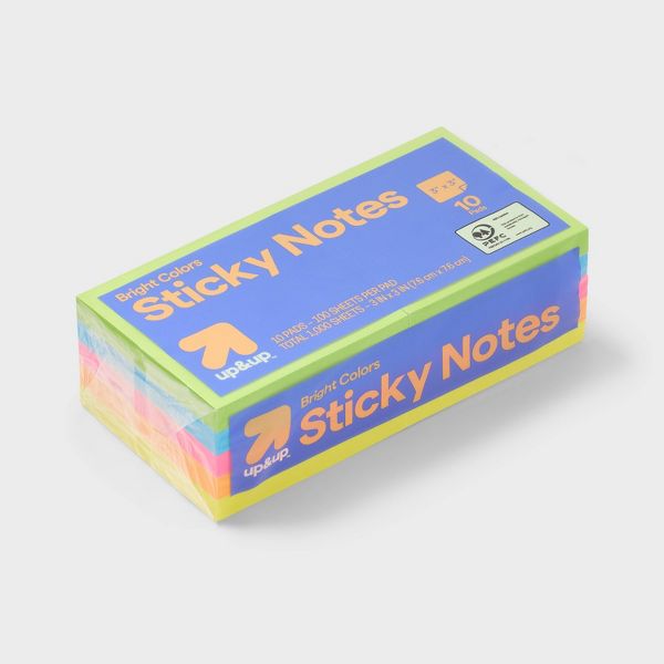 Sticky Notes 10pk 100ct per Pack - up&up™: 3x3 Inch Multicolor, Uncoated Paper, Office Supplies, Glue Binding